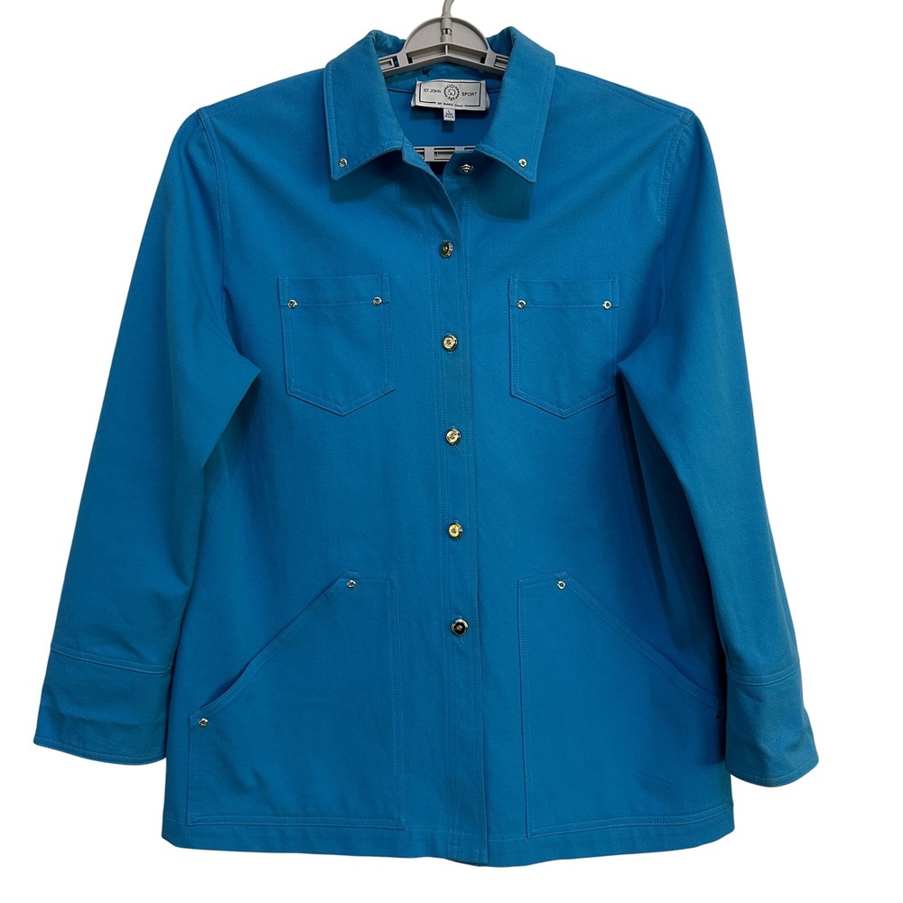 St John Sport Jacket Womens L Blue Gold Button Utility Marie Gray Coastal Chic